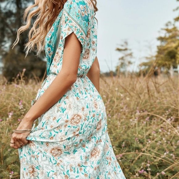 Boho Shabby Chic Floral Tie Front Split Thigh Dress - Picture 7 of 7